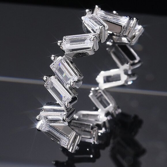 🔥Shiny Irregular Rectangle Gems Full Around Zircon Silver Eternity Ring, K804 - Picture 2 of 4